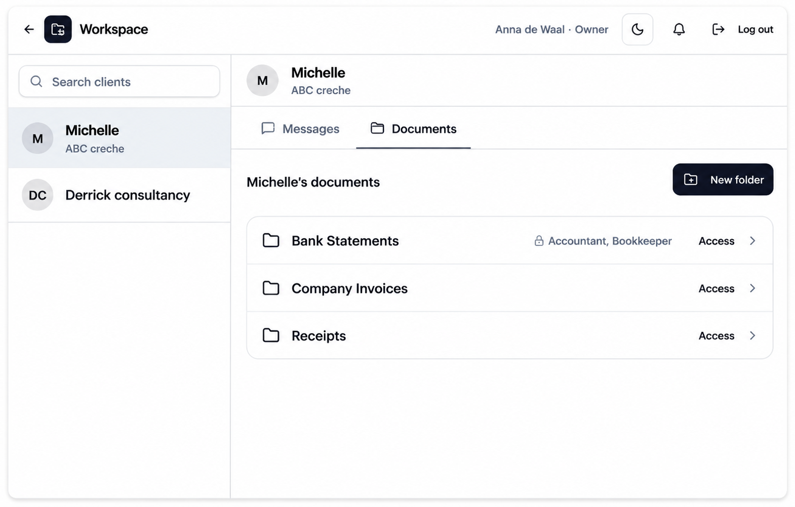 A client's folders in AdminSort — Bank Statements, Company Invoices and Receipts — with Bank Statements marked as open to Accountants and Bookkeepers only.