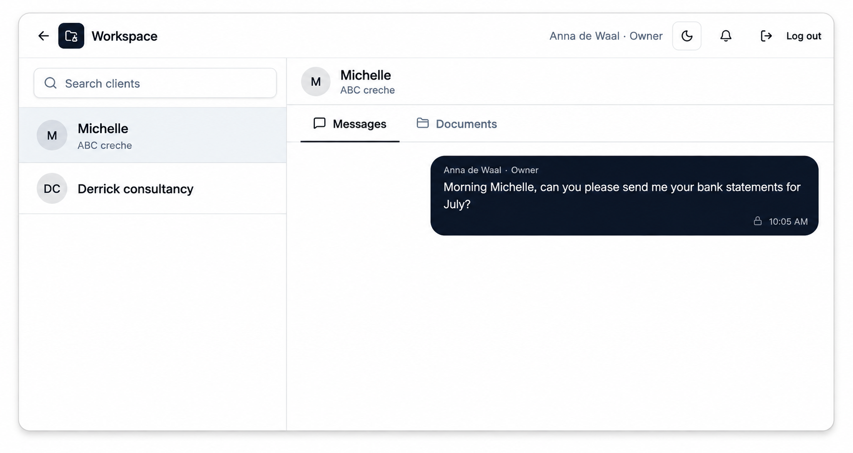 The AdminSort workspace, showing the firm's client list beside a conversation with one client.